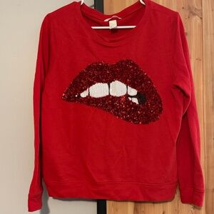 H&M Sequin Biting Lip Red Sweatshirt Small